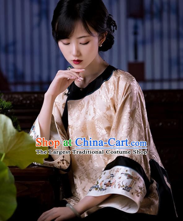 Chinese Traditional Tang Suit Upper Outer Garment Embroidered Apricot Silk Shirt Classical Blouse for Women