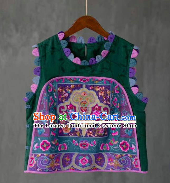 China Traditional Tang Suit Green Flax Vest Upper Outer Garment Clothing National Women Embroidered Waistcoat
