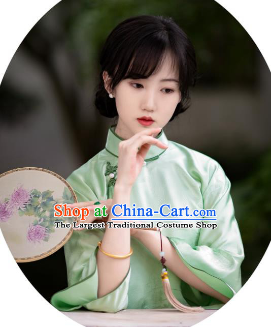 Chinese Tang Suit Upper Outer Garment Traditional Classical Light Green Silk Blouse National Clothing for Women