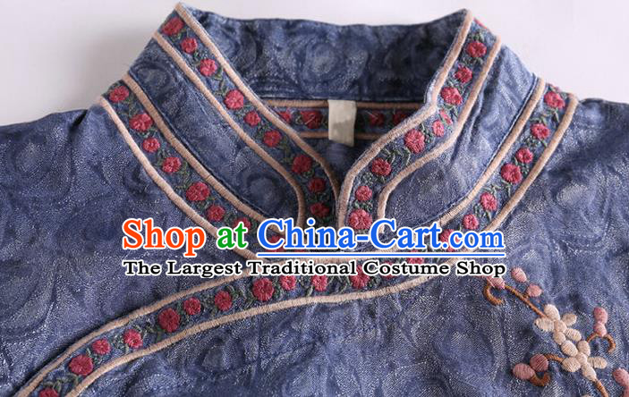 China National Women Traditional Costume Tang Suit Embroidered Blue Shirt Classical Cheongsam Upper Outer Garment