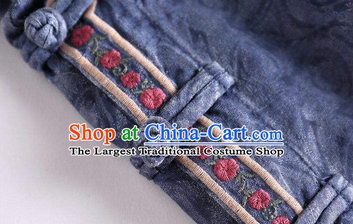 China National Women Traditional Costume Tang Suit Embroidered Blue Shirt Classical Cheongsam Upper Outer Garment