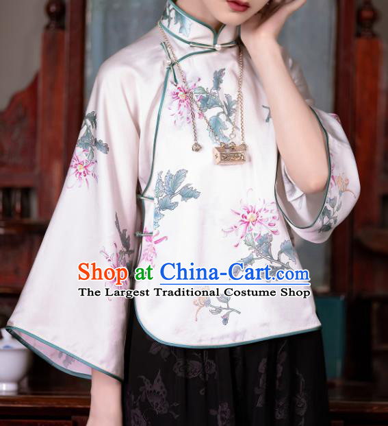 Chinese Traditional Printing Chrysanthemum White Silk Blouse Tang Suit Upper Outer Garment National Shirt for Women