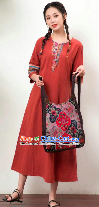 Chinese Women Traditional Clothing National Embroidered Red Flax Dress