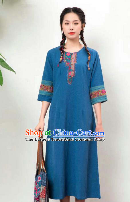 Chinese National Embroidered Costume Women Traditional Clothing Blue Flax Dress