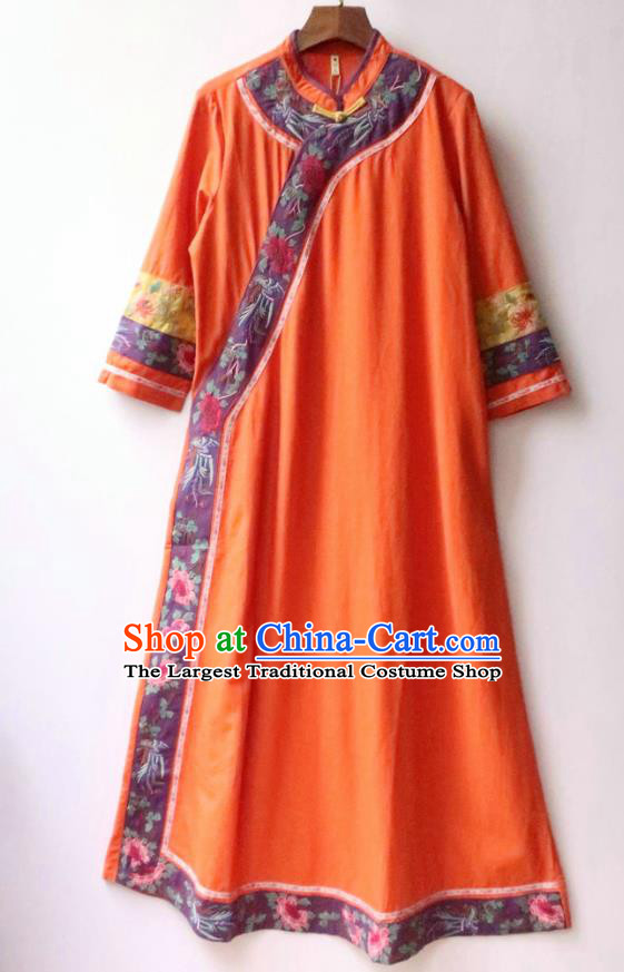 Chinese National Orange Flax Qipao Dress Embroidered Costume Women Traditional Cheongsam Clothing