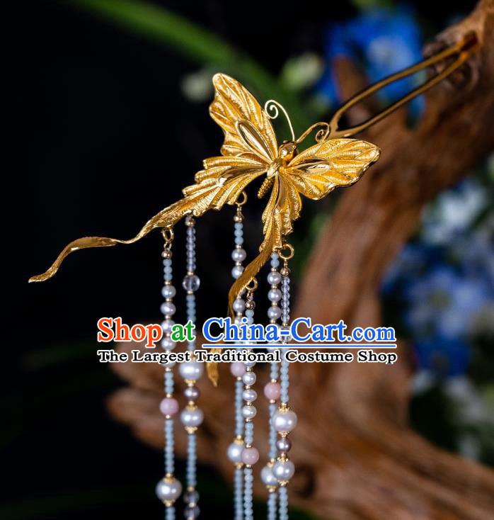 China Traditional Butterfly Tassel Hairpins Song Dynasty Palace Hair Stick Ancient Court Empress Gilding Hair Accessories