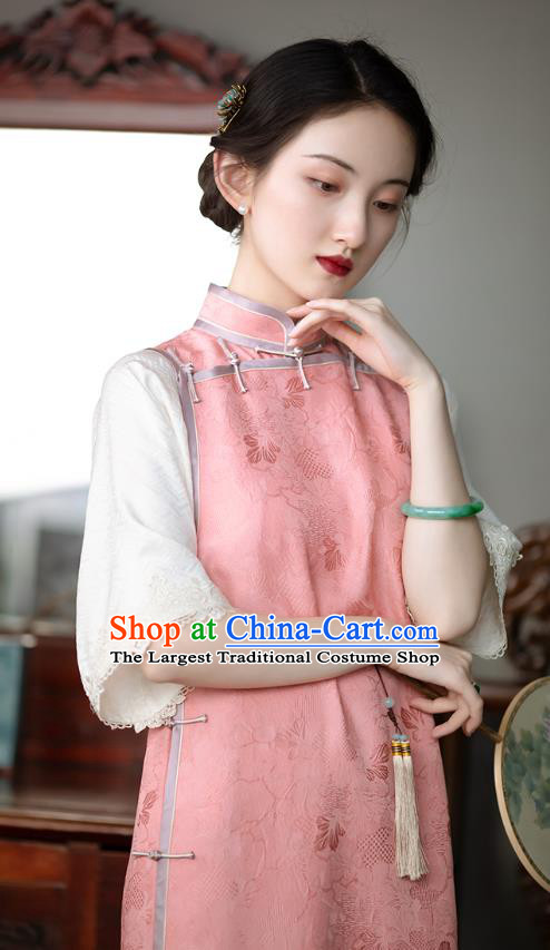 Republic of China Pink Silk Cheongsam Classical Pattern Qipao Dress Traditional National Costume