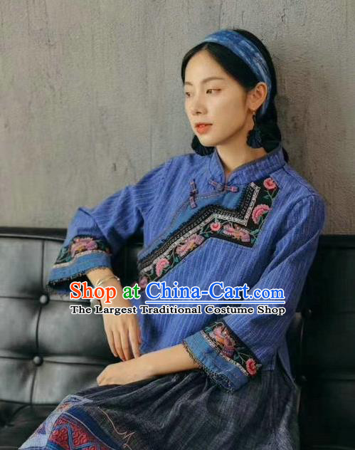 China National Women Blue Flax Shirt Traditional Classical Costume Tang Suit Embroidered Cheongsam Upper Outer Garment