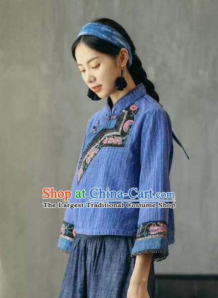 China National Women Blue Flax Shirt Traditional Classical Costume Tang Suit Embroidered Cheongsam Upper Outer Garment