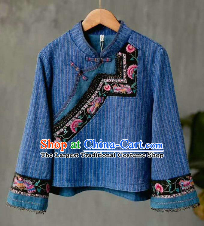 China National Women Blue Flax Shirt Traditional Classical Costume Tang Suit Embroidered Cheongsam Upper Outer Garment