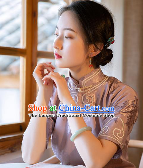 Republic of China Classical Costume Women Dress National Embroidered Cheongsam Traditional Grape Pattern Lilac Silk Qipao