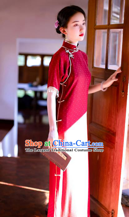 China National Women Dress Classical Costume Traditional Silk Qipao Red Cheongsam