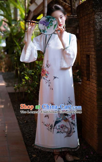 China Classical Printing Phoenix Peony White Silk Cheongsam Traditional Qipao Costume National Women Dress