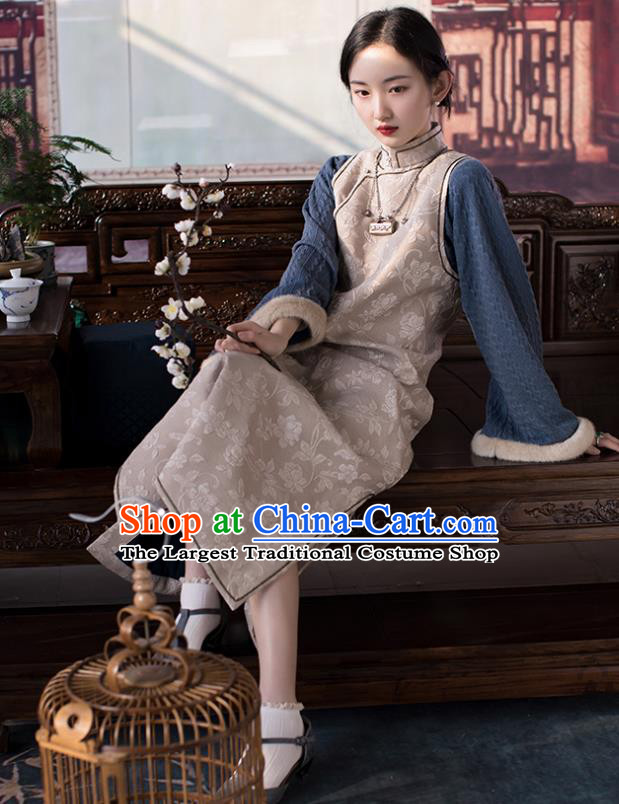 China Traditional Beige Qipao Costume National Women Dress Classical Cheongsam