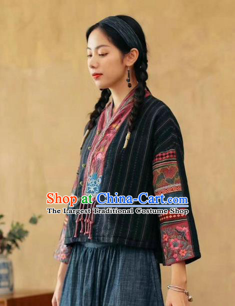 China Traditional Classical Costume Tang Suit Embroidered Cheongsam Upper Outer Garment National Women Black Flax Shirt