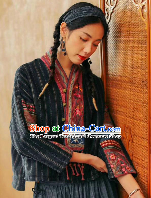 China Traditional Classical Costume Tang Suit Embroidered Cheongsam Upper Outer Garment National Women Black Flax Shirt