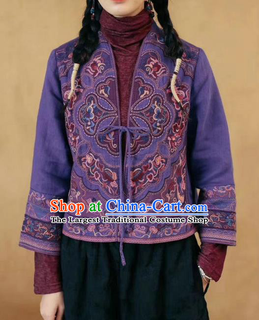 China National Embroidered Purple Flax Jacket Traditional Women Outer Garment Tang Suit Costume