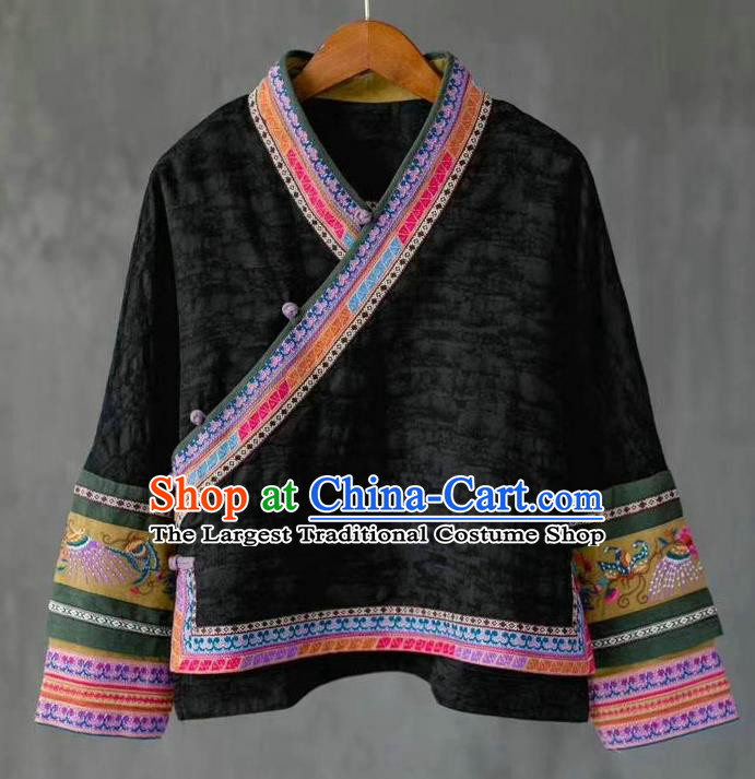China National Embroidered Shirt Costume Traditional Women Upper Outer Garment Tang Suit Black Flax Blouse