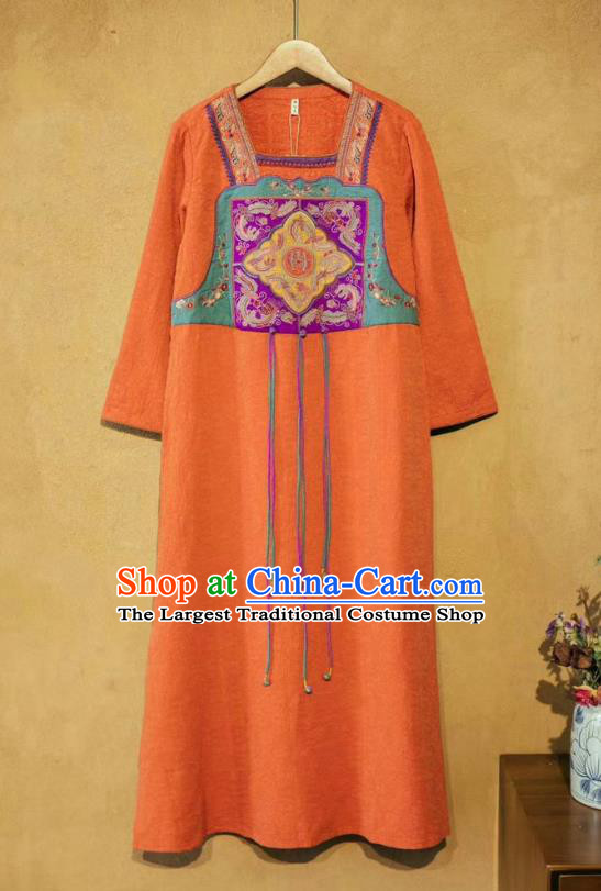Chinese Traditional Women Cheongsam Clothing National Embroidered Orange Flax Dress