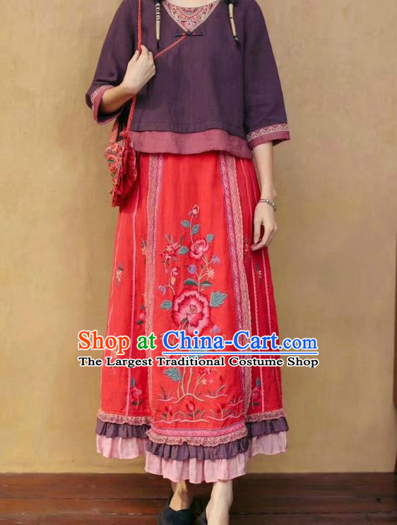 China National Red Ramine Bust Skirt Embroidered Skirt Traditional Female Clothing