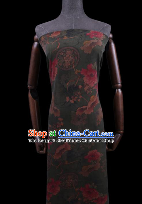 Chinese Classical Lotus Pattern Deep Green Silk Drapery Asian Traditional Cheongsam Cloth Watered Gauze Fabric