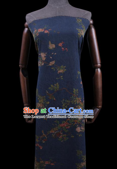 Chinese Classical Flowers Bird Pattern Deep Blue Silk Drapery Cloth Asian Traditional Cheongsam Fabric Watered Gauze