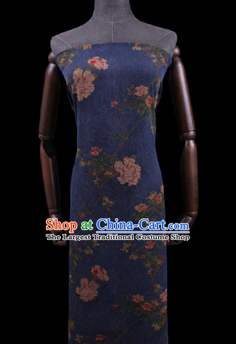 Asian Cheongsam Cloth Watered Gauze Drapery Traditional Chinese Classical Peony Pattern Deep Blue Gambiered Guangdong Silk Fabric