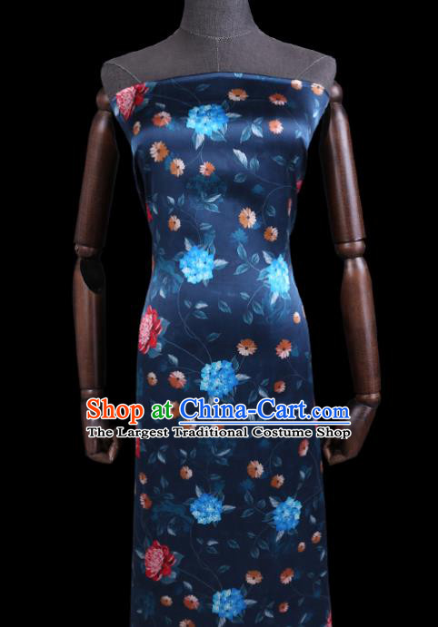 Chinese Classical Navy Watered Gauze Fabric Traditional Gambiered Guangdong Silk Asian Cheongsam Cloth Satin Drapery