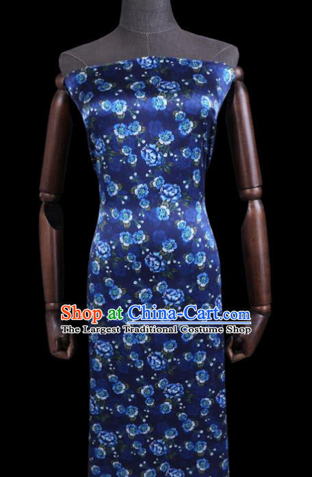 Asian Cheongsam Cloth Satin Drapery Chinese Traditional Gambiered Guangdong Silk Classical Primrose Pattern Deep Blue Watered Gauze Fabric