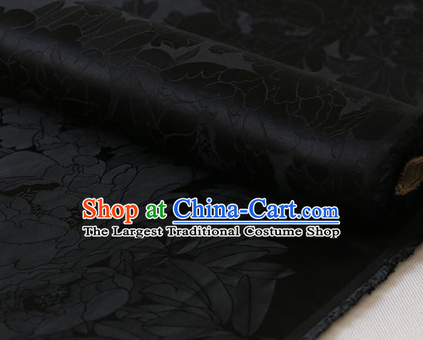 Traditional Black Silk Drapery Chinese Cheongsam Classical Royal Peony Pattern Satin Fabric Cloth