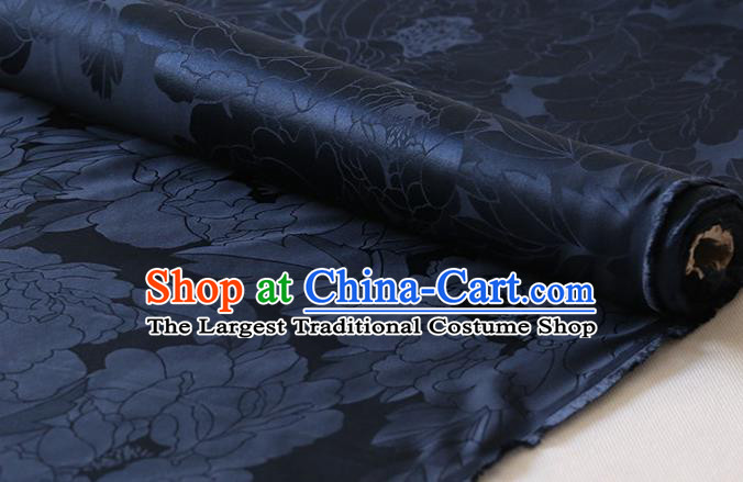 Chinese Cheongsam Classical Royal Peony Pattern Satin Fabric Cloth Traditional Navy Silk Drapery