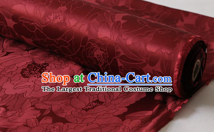 Chinese Traditional Purplish Red Silk Drapery Cheongsam Cloth Classical Royal Peony Pattern Satin Fabric