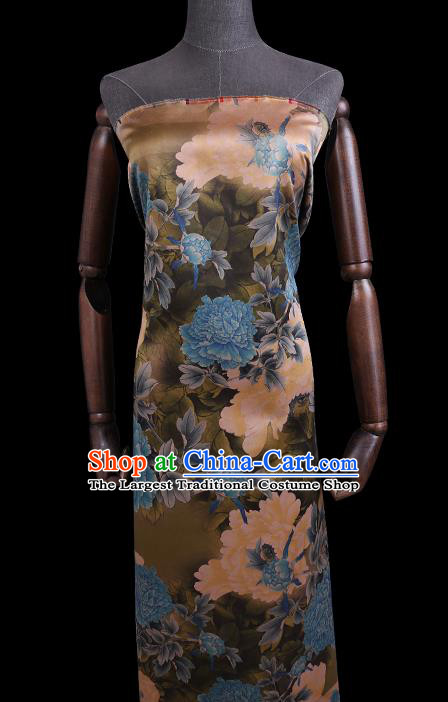 Chinese Classical Peony Pattern Olive Green Watered Gauze Traditional Cheongsam Gambiered Guangdong Silk Fabric