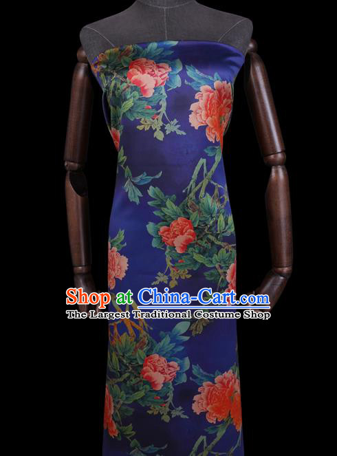 Chinese Classical Peony Pattern Royalblue Satin Fabric Watered Gauze Traditional Cheongsam Gambiered Guangdong Silk