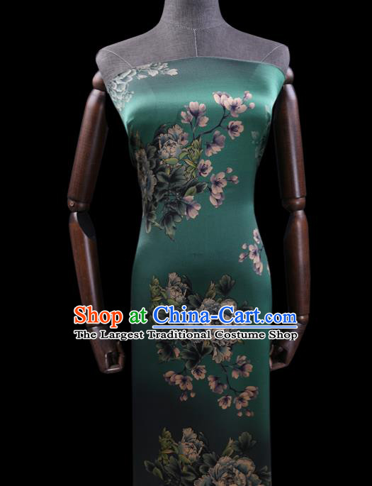 Chinese Silk Drapery Traditional Cheongsam Cloth Classical Peony Pattern Green Satin Fabric