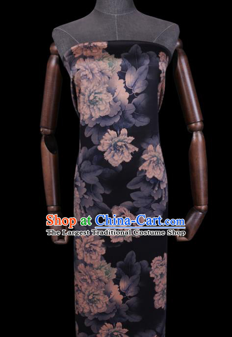 Chinese Classical Peony Pattern Black Watered Gauze Traditional Gambiered Guangdong Silk Cheongsam Fabric