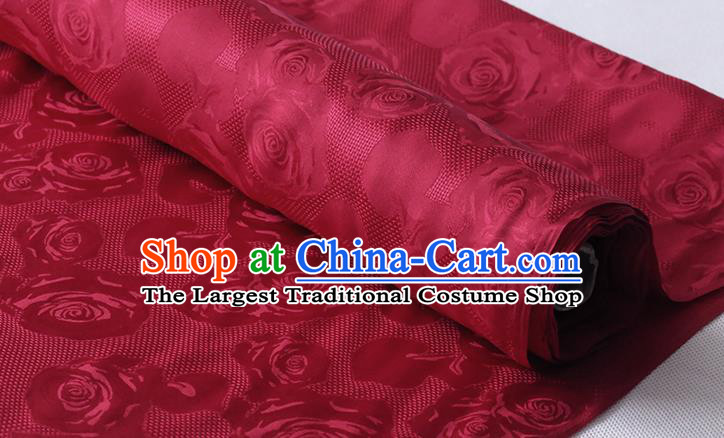 Chinese Traditional Cheongsam Jacquard Cloth Classical Hollowed Rose Pattern Damask Fabric Wine Red Silk Drapery