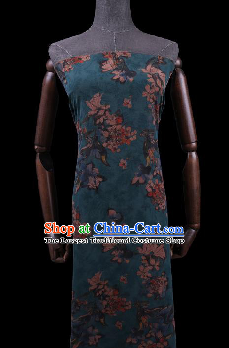 Chinese Watered Gauze Traditional Asian Cheongsam Cloth Drapery Classical Mangnolia Pattern Blue Gambiered Guangdong Silk Fabric