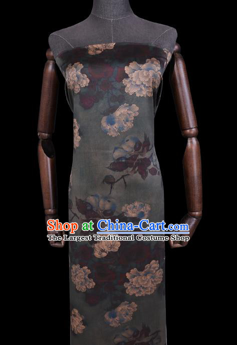 Chinese Classical Peony Pattern Atrovirens Satin Fabric Gambiered Guangdong Silk Traditional Cheongsam Watered Gauze