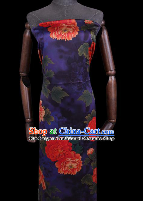 Chinese Classical Peony Pattern Deep Blue Silk Fabric Traditional Watered Gauze Gambiered Guangdong Silk Cheongsam Cloth