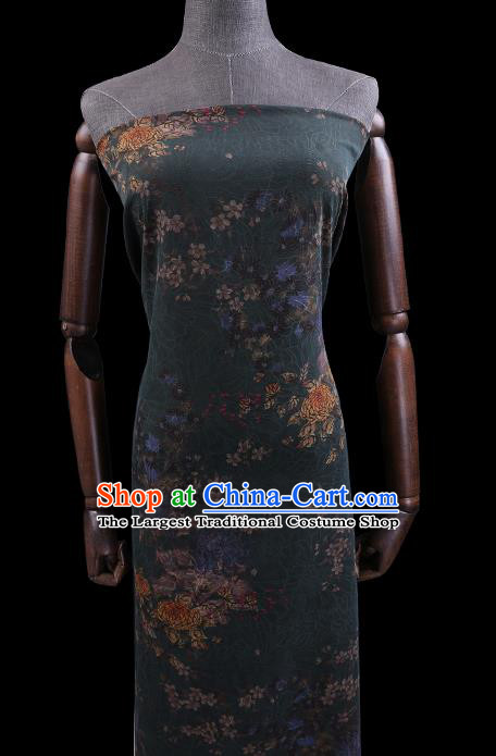 Chinese Traditional Cheongsam Gambiered Guangdong Watered Gauze Classical Chrysanthemum Pattern Dark Green Silk Fabric