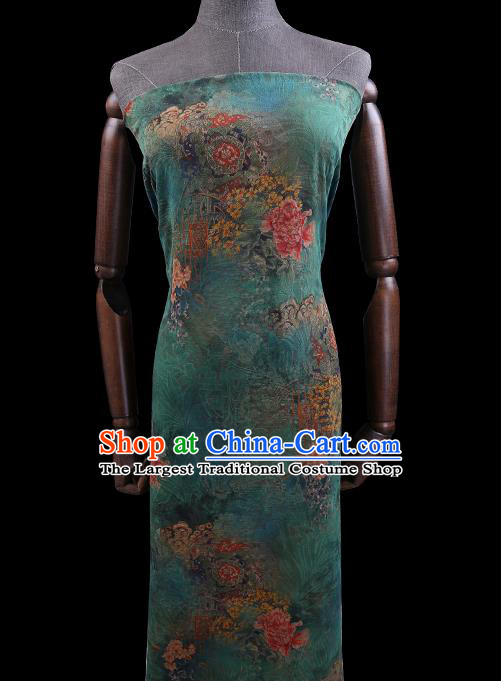 Chinese Traditional Green Silk Fabric Classical Peony Pattern Cheongsam Gambiered Guangdong Gauze