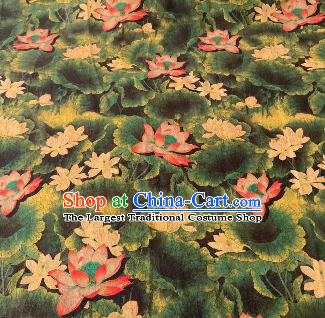 Chinese Classical Lotus Pattern Gambiered Guangdong Gauze Traditional Cheongsam Dark Green Silk Fabric