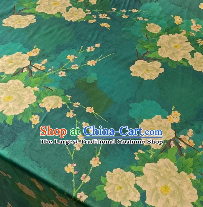 Chinese Traditional Green Watered Gauze Fabric Cheongsam Classical Peony Pear Blossom Pattern Gambiered Guangdong Silk