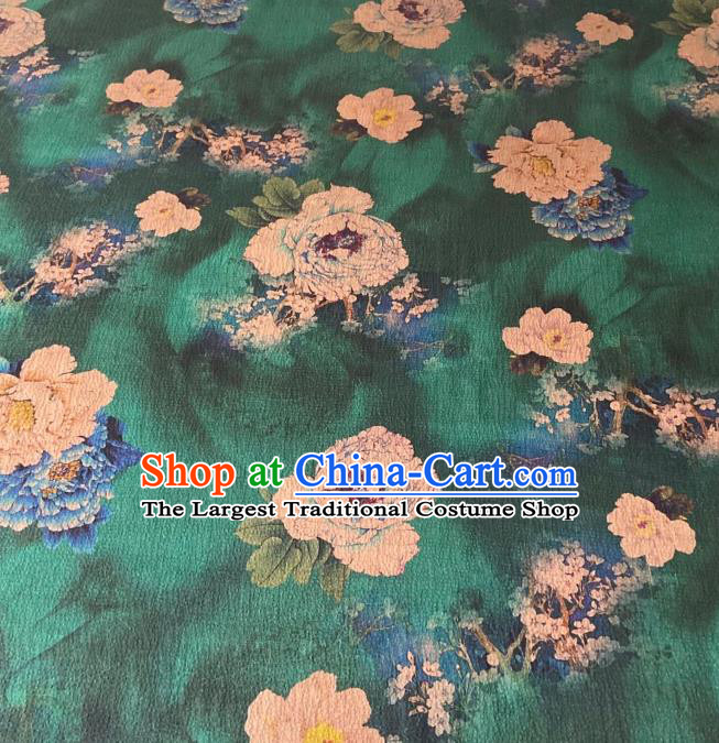 Chinese Classical Plum Peony Pattern Gambiered Guangdong Silk Traditional Cheongsam Green Watered Gauze Fabric