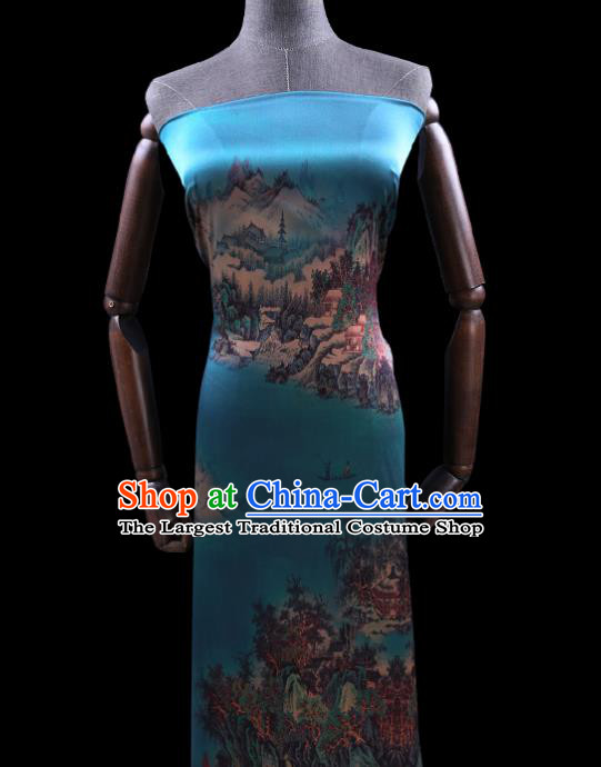 China Traditional Cheongsam Cloth Classical Printing Silk Fabric Blue Satin