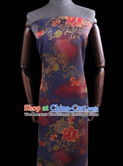 Chinese Traditional Deep Blue Gambiered Guangdong Gauze Cheongsam Fabric Classical Peony Flowers Pattern Silk Drapery