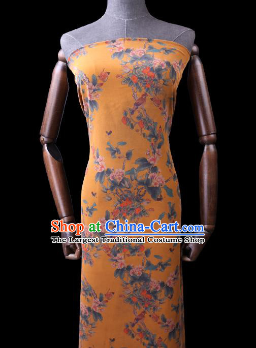 Chinese Classical Begonia Birds Pattern Silk Drapery Gambiered Guangdong Gauze Traditional Cheongsam Yellow Fabric