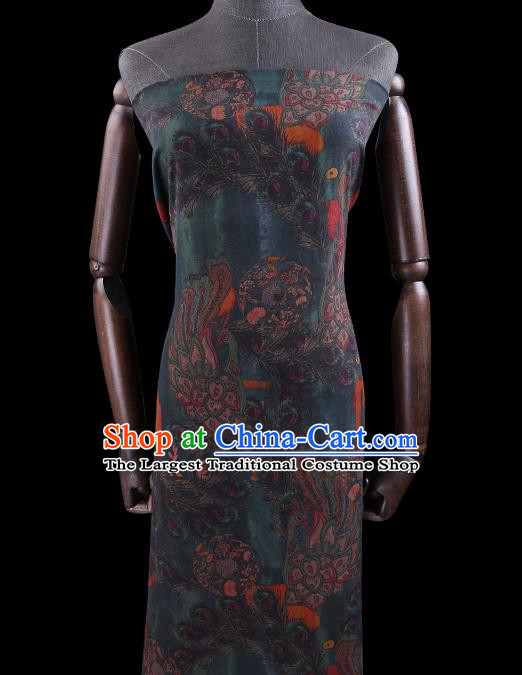 Chinese Classical Peacock Pattern Silk Drapery Traditional Cheongsam Silk Fabric Deep Green Gambiered Guangdong Gauze