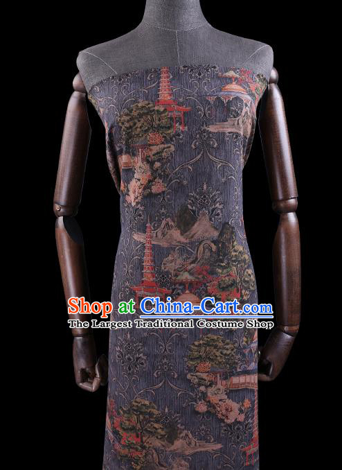 Chinese Classical Pagoda Pattern Silk Drapery Traditional Cheongsam Gambiered Guangdong Gauze Grey Silk Fabric